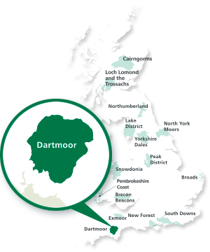 Map of the UK showing Dartmoor